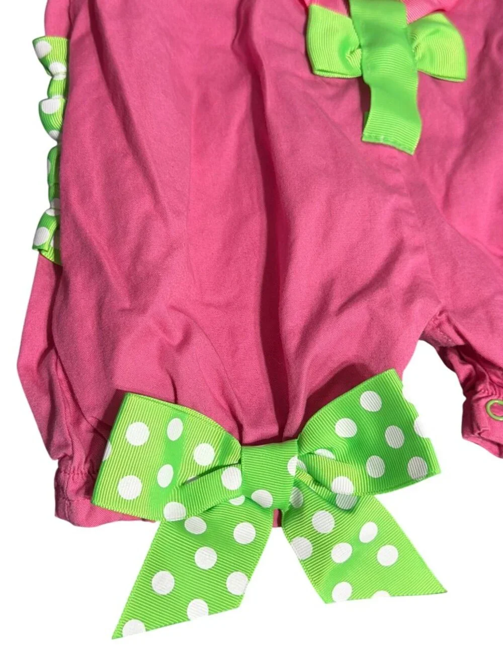 Mud Pie Pink Green Polka Dot Bow Romper Flower Ribbon Jumper Bubble 0-6 Months